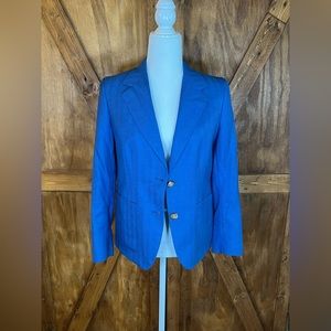 Ladies Custom Tailored Blue Blazer with Faux Tan Suede Elbow Patches. Size 4‎